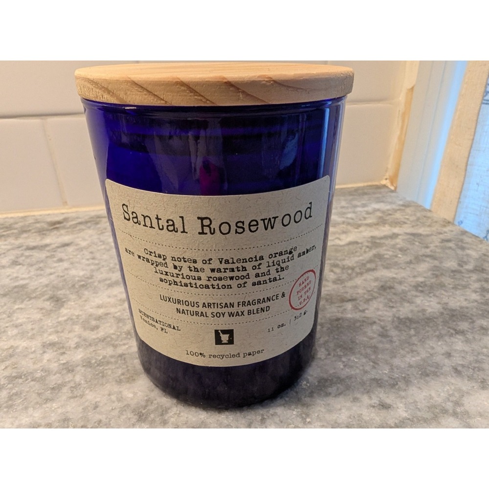 Brand New Scentsational Santa Rosewood Blue Glass Candle 11 Oz Jar